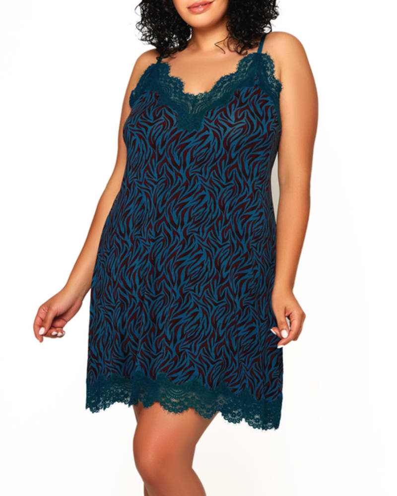 Front of a model wearing a size 1X Sadie Zebra Print Chemise in GREE by iCollection. | dia_product_style_image_id:254052